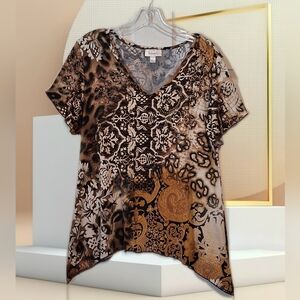 Paisley Floral brown rust handkerchief hem shirt with gold faceted beads Sz. L
